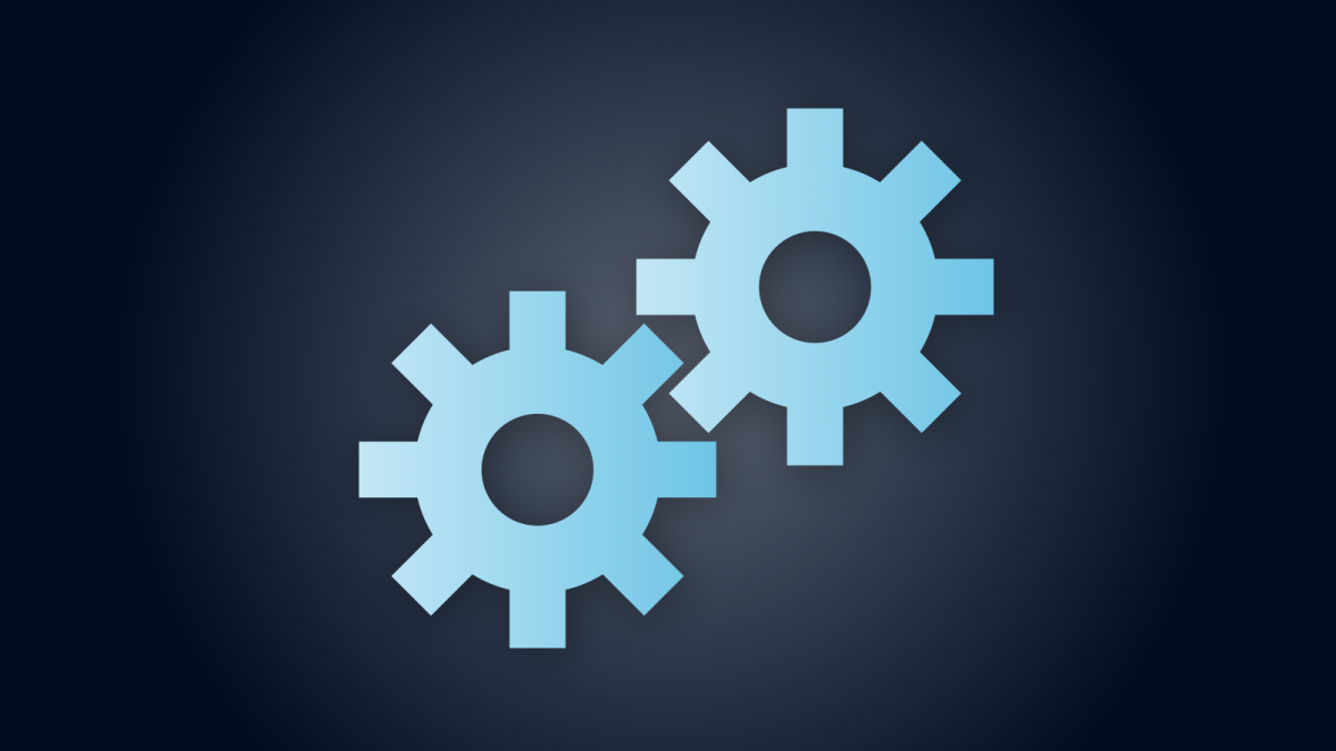 Image shows machine cogs. Graphic style with blue gradients