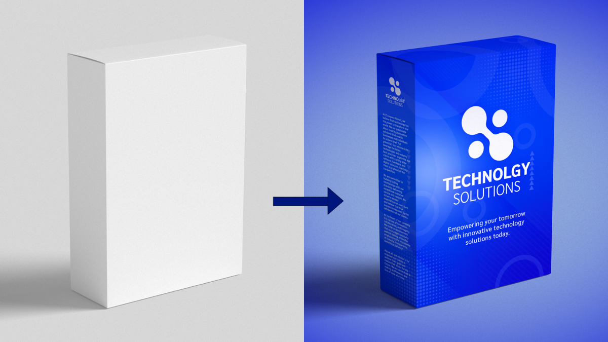 Image shows two boxs, one blank the othera mockup of a technology product shot